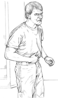 Drawing of a man holding his stomach, appearing in pain.