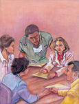 Drawing of a doctor and surgeon talking with a patient and her family.
