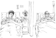 Drawing of an adult in a hospital bed next to a child in another bed.