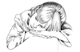 Drawing of a tired young girl lying her head down.