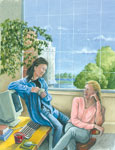 Drawing of two girls sitting and talking.