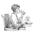 Drawing of a woman eating and drinking.