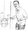 Drawing of a man holding his stomach, appearing in pain, as he approaches a toilet.
