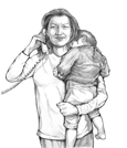 Drawing of a woman holding her child while on the phone with the child's doctor.