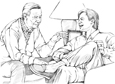 Drawing of a father and son talking about their family's medical history.