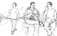 Drawing of a woman walking and two men sitting on a bench eating.