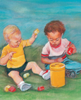 Drawing of two babies sitting in the grass and playing with colored blocks.