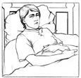 Drawing of a man in bed, appearing sick.