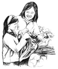 Drawing of mother and daughter selecting fruits and vegetables and placing them in a bag to purchase.