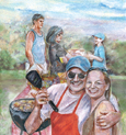 Drawing of people at a picnic. A man and a woman are standing in front of a barbeque grill and food table. The man and woman are smiling and the man is holding a spatula and has one arm around the woman. A woman, a young boy, and a teenage boy are standing and talking next to the food table.