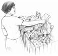 Drawing of a female bagging produce at the supermarket.