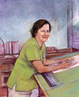 Color illustration of a woman working at a drawing table. The woman looks happy.
