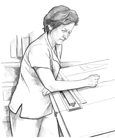 Line drawing of a middle-aged woman working at a drawing table. The woman looks uncomfortable.