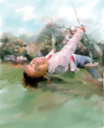 Color drawing of a young African American girl leaning back as she swings on a swing.