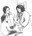 Drawing of an African American mother and son talking with a female doctor. The son is sitting on an examination table. The mother and doctor are standing in front of him.