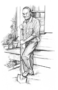 Drawing of a man working in a garden. He is digging in the dirt with a shovel.