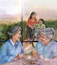 Ilustracion de dos mujeres sentadas tomando cafe en la mesa del comedor, detras de ellas en el patio, una madre ensena a montar en bicicleta a su hija.