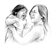 Drawing of a smiling, young woman holding up her laughing infant.