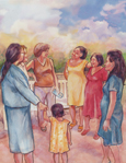 Illustracion de un grupo de seis mujeres embarazadas que estan paradas mientras platican. Una nina pequena esta tomada de la mano de su mama.