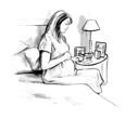 Ilustración de una mujer embarazada sentada al filo de la cama con una galleta salada en la mano. Una caja de galletas saladas, una lámpara y una foto enmarcada se encuentran en la mesa de noche cercana.