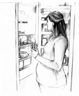 Ilustración de una mujer embarazada parada frente al refrigerador agarrando un montón de uvas, y mirando dentro del refrigerador.