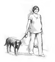 Ilustración de una mujer embarazada caminando con su perro mediano.
