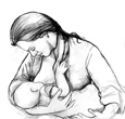 Ilustración de una mujer agarrando y dando de mamar a su bebe. Esta mirando al bebe.