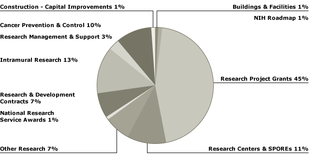 Pie chart of distribution of Fiscal Year 2008 Budget Request ($5,865,788,000). Construction — Capital Improvements 1%, Buildings & Facilities 1%, NIH Roadmap 1%, Research Project Grants 45%, Research Centers & SPOREs 11%, Other Research 7%, National Research Service Awards 1%, Research & Development Contracts 7%, Intramural Research 13%, Research Management & Support 3%, Cancer Prevention & Control 10%