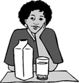 Drawing of a woman with a carton and glass of milk.