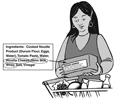 Drawing of a woman reading a food ingredients label.