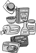 Drawing of prepared foods, such as cereal, bread, and frozen dinners.