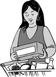 Drawing of a woman reading a food ingredients label.