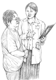 Drawing of a doctor counseling a patient.