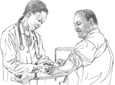Drawing of a patient having his blood tested.