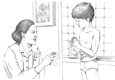 Drawing of a nurse explaining how to take care of a stoma to a boy.