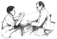 Drawing of a doctor talking with a patient.