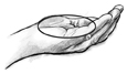 : Drawing of an open hand that is cupped with a circle drawn around the palm to show what a serving size of 1 ounce looks like.