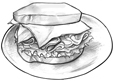 A drawing of an example of a 2-ounce serving of meat and meat substitutes: a sandwich on a plate labeled as one slice, or 1 ounce, of turkey plus one slice, or 1 ounce, of low-fat cheese.