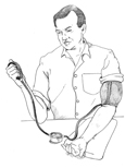 Drawing of a man checking his blood pressure.