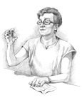 Drawing of a patient looking at an insulin bottle.