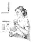 Drawing of a woman taking medication.