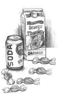 Drawing of orange juice, soda, and candy.