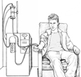 Drawing of a teenage boy on hemodialysis. One set of tubes takes the patient's blood to the dialyzer. Another set of tubes returns the blood to the patient's body.