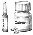 Drawing of a nasal dropper, pill bottle, and pills. The nasal dropper and bottle are labeled Calcitriol.