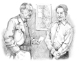 Drawing of a male doctor and male patient talking.