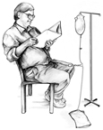 Drawing of male patient during peritoneal dialysis exchange.