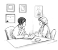Drawing of a female physician and a female patient sitting at a table and talking. The physician's hand is placed over the patient's.