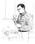 Drawing of a man taking a pill out of a medication bottle.