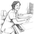 Line drawing of a smiling middle-aged woman working at a drawing table.