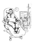 Drawing of a man receiving hemodialysis treatment in a clinic. A wall clock behind the man reads 10:08 a.m.